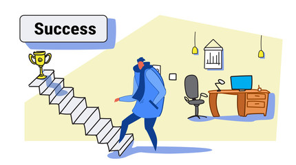 casual man climbing stairs career ladder up to golden winner trophy cup business man successful strategy leadership concept office interior colorful sketch horizontal