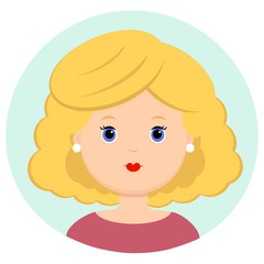 Beautiful young woman with blond curly hair. Portrait of modern fashion, hairstyle salon, vector icon, isolated on white background.