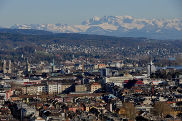 Fototapeta na wymiar Panoramic view of Zürich city from Switzerlands second highest skyscraper to the University, ETH and old town