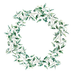 Watercolor seeded eucalyptus wreath. Hand painted eucalyptus branch and leaves isolated on white background. Floral illustration for design, print, fabric or background.