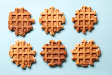 Homemade Viennese waffles on blue background