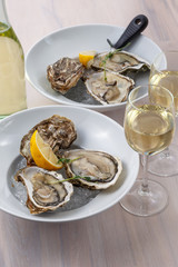 Glass of wine and plate of oysters on ice with lemon