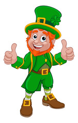 A Leprechaun St Patricks Day Irish cartoon character pointing and doing a double thumbs up