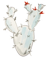 Blue blooming watercolor cactus with black outline on white background