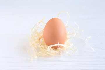 Brown Easter chicken egg with decorative straw nest with selective focus on white wooden textured background. Happy easter card with traditional egg symbol on neutral backdrop 