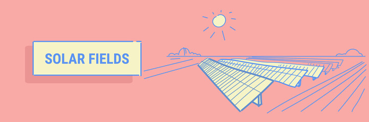 solar energy panel fields renewable station alternative electricity source concept photovoltaic district sketch flow style horizontal banner