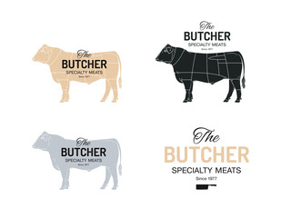 Butcher Speciality Meats shop logotype or sign. With chart of cuts of bull Angus. Vintage style.