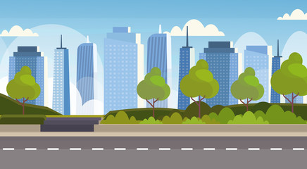 asphalt highway road over city panorama high skyscrapers cityscape background skyline flat horizontal banner © mast3r