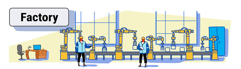 engineers in uniform controlling factory production conveyor automatic assembly line machinery automation industry concept colorful sketch doodle horizontal banner