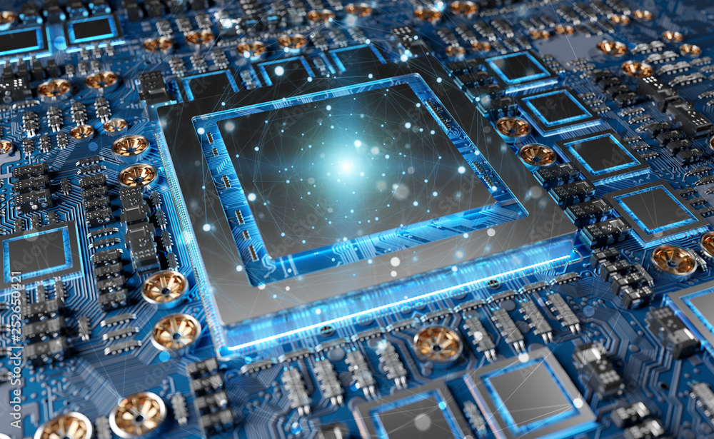 Aufkleber Close-up view of a modern GPU card with connections 3D rendering