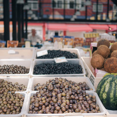 Tirana, Albania, June 2018 - Fruit and vegetable market. Stand with fresh fruit, mostly figs