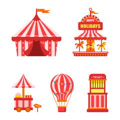 Set of vector illustrations of carnival circus icons with tent, carousels, flags isolated on white background.Print, design element