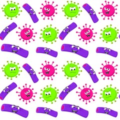 Angry funny bacterias, germs in cartoon style isolated on white background. Funny cartoon character. Bad microbes background. Seamless pattern.
