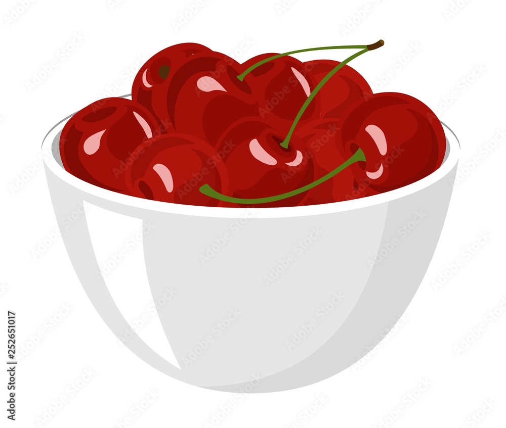 Poster Cherry. Big Pile of fresh red cherries in the White Bowl. Raster illustration on the White Background