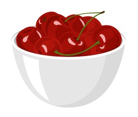 Cherry. Big Pile of fresh red cherries in the White Bowl. Raster illustration on the White Background