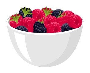 Raspberries and blackberries. Big Pile of Fresh Raspberries and blackberries in the White Bowl. Raster illustration Isolated on the White Background