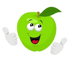 Cartoon Apple Character Giving Thumbs Up. Raster illustration on white background