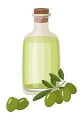 Bottle of Extra virgin healthy Olive oil and fresh green olives with leaves. Raster illustration on white background