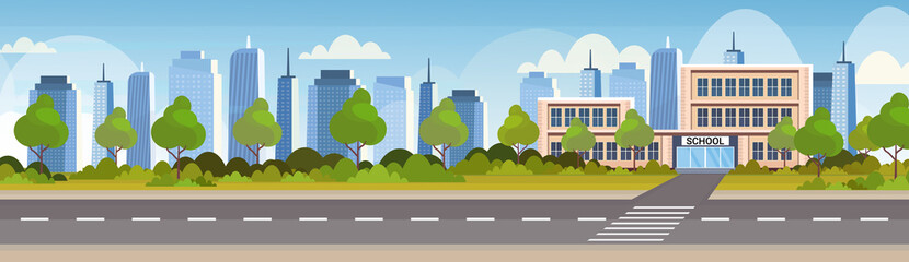school building exterior road crosswalk back to school concept cityscape background flat horizontal banner © mast3r