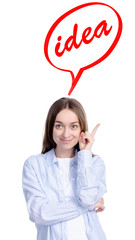 Woman thinking idea cloud on white background isolation
