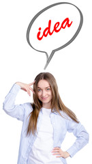 Woman thinking idea cloud on white background isolation
