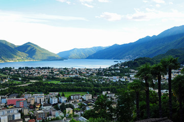 Fototapeta na wymiar The city of Locarno and Ascona and the Lake Maggiore seen from Orselina