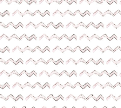 Seamless watercolor pattern of pink lines, zigzags with black stroke
