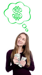 Woman thinking dollars money earnings on white background isolation