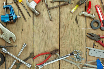 Set of tools on wooden background concept Father day and labor day background Copy space for your text