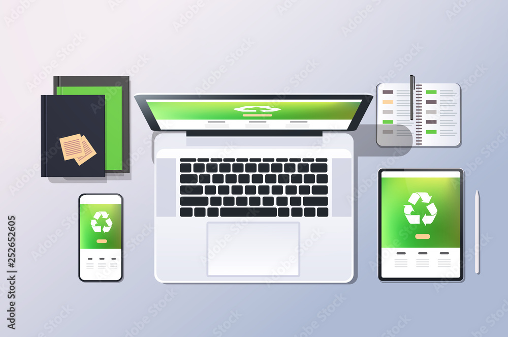 Poster mobile computer recycle application recycling concept top angle view desktop laptop smartphone table