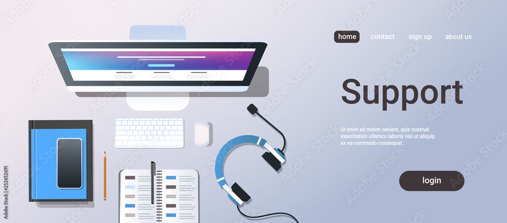 Poster call center technician support service consulting concept top angle view desktop computer smartphone