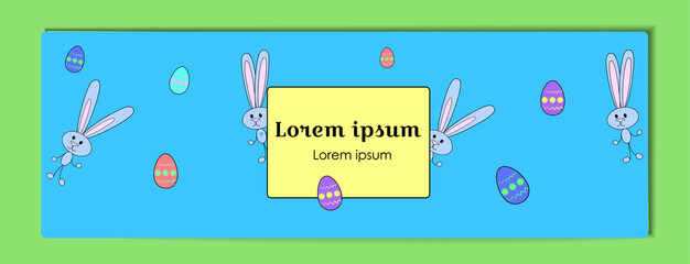 Vector horizontal blue banner for Happy Easter with painted eggs and a rabbit. Cartoon Bunny and eggs with a floral pattern. Holiday template for sale banner, for design cover, booklet.