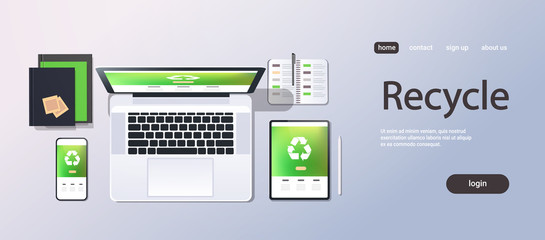 mobile computer recycle application recycling concept top angle view desktop laptop smartphone tablet screen organizer office stuff horizontal copy space