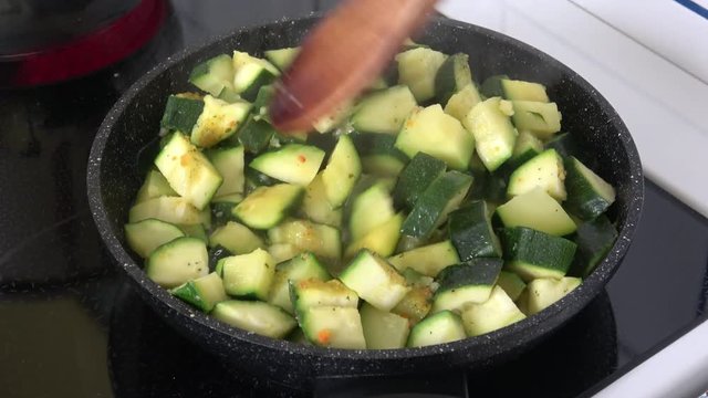 Cooking zucchini. Boiled vegetables for a healthy diet. 