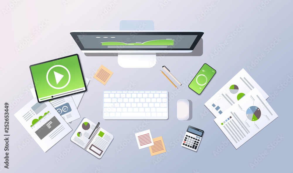 Poster business analytics data optimization concept top angle view desktop pc laptop smartphone tablet scre