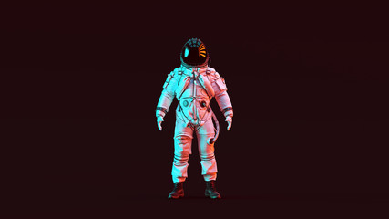 Astronaut Advanced Crew Escape Suit with Black Visor and White Spacesuit with Red and Blue Moody 80s lighting Front 3d illustration 3d render © paul