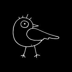 Linear cartoon hand drawn bird silhouette. Cute vector black and white bird silhouette. Isolated monochrome doodle bird silhouette on black background.