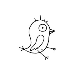Linear cartoon hand drawn bird symbol. Cute vector black and white bird symbol. Isolated monochrome doodle bird symbol on white background.