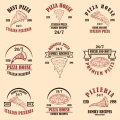 Set of pizza house, pizzeria emblems. Design element for poster, logo, label, sign.