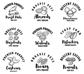 Set of raw nuts labels. Design element for logo, label, sign.