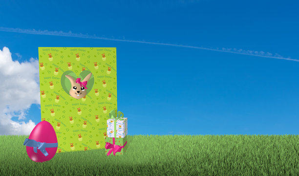 Grußkarte aus der ein Osterhase schaut mit Geschenken und Osterei auf grüner Wiese mit blauem Wolkenhimmel.