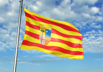 Aragon of Spain flag waving sky background 3D illustration