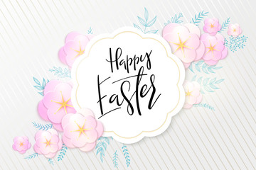 Vector illustration of easter day greetings banner template with hand lettering label - happy easter- with origami paper spring apple flowers