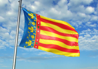 Valencian Community of Spain flag waving sky background 3D illustration