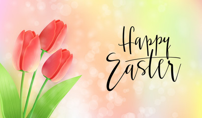 Vector illustration of easter day greetings banner template with hand lettering label - happy easter- with realistic tulip flowers