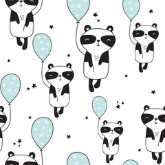 Pandas with air balloons, hand drawn backdrop. Black, blue and white seamless pattern with animals, stars. Decorative cute wallpaper, good for printing. Overlapping background vector - 252655253
