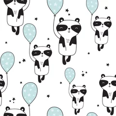 Papier Peint photo Animaux avec ballon Pandas avec ballons à air, toile de fond dessinée à la main. Modèle sans couture noir, bleu et blanc avec des animaux, des étoiles. Papier peint décoratif mignon, bon pour l& 39 impression. Vecteur de fond qui se chevauchent