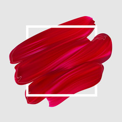 Pink vector lipstick smear. Female girly logo. Paint brush red stroke in frame, banner template. Makeup or nail salon design element - obrazy, fototapety, plakaty