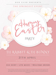 Vector illustration of easter day invitation party poster template with hand lettering label - happy easter- with paper origami spring apple flowers - 252655423