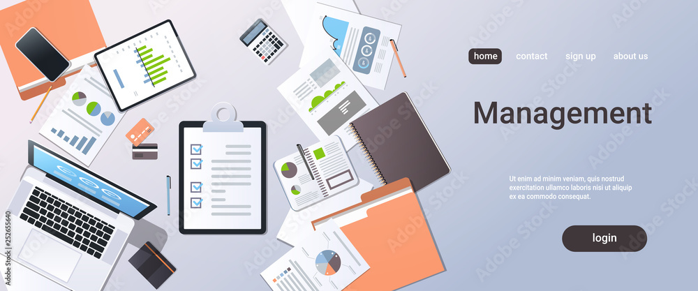 Poster analysis financial graph business planning management concept top angle view desktop laptop smartpho